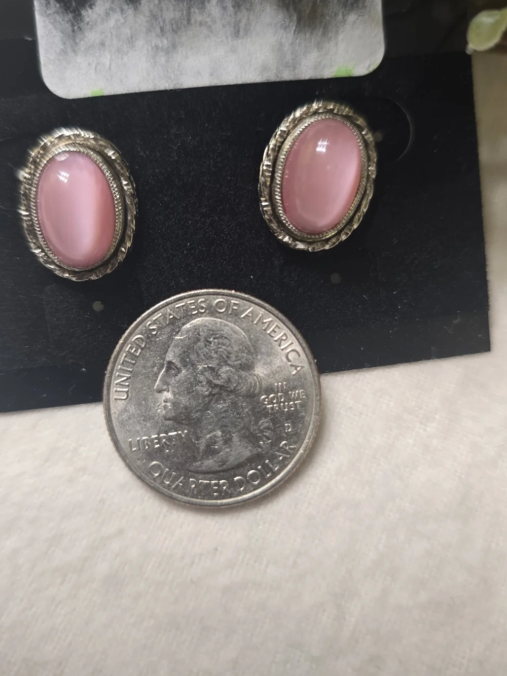 Vintage Pink Oval Cabochon Silver-Trim Stud Earrings